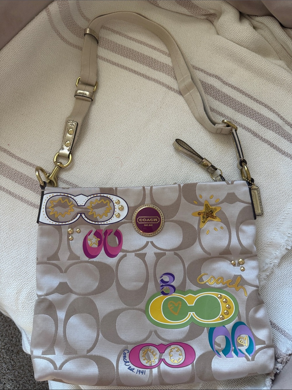Coach Beige Signature Canvas Crossbody with Colorful Graphic Patches